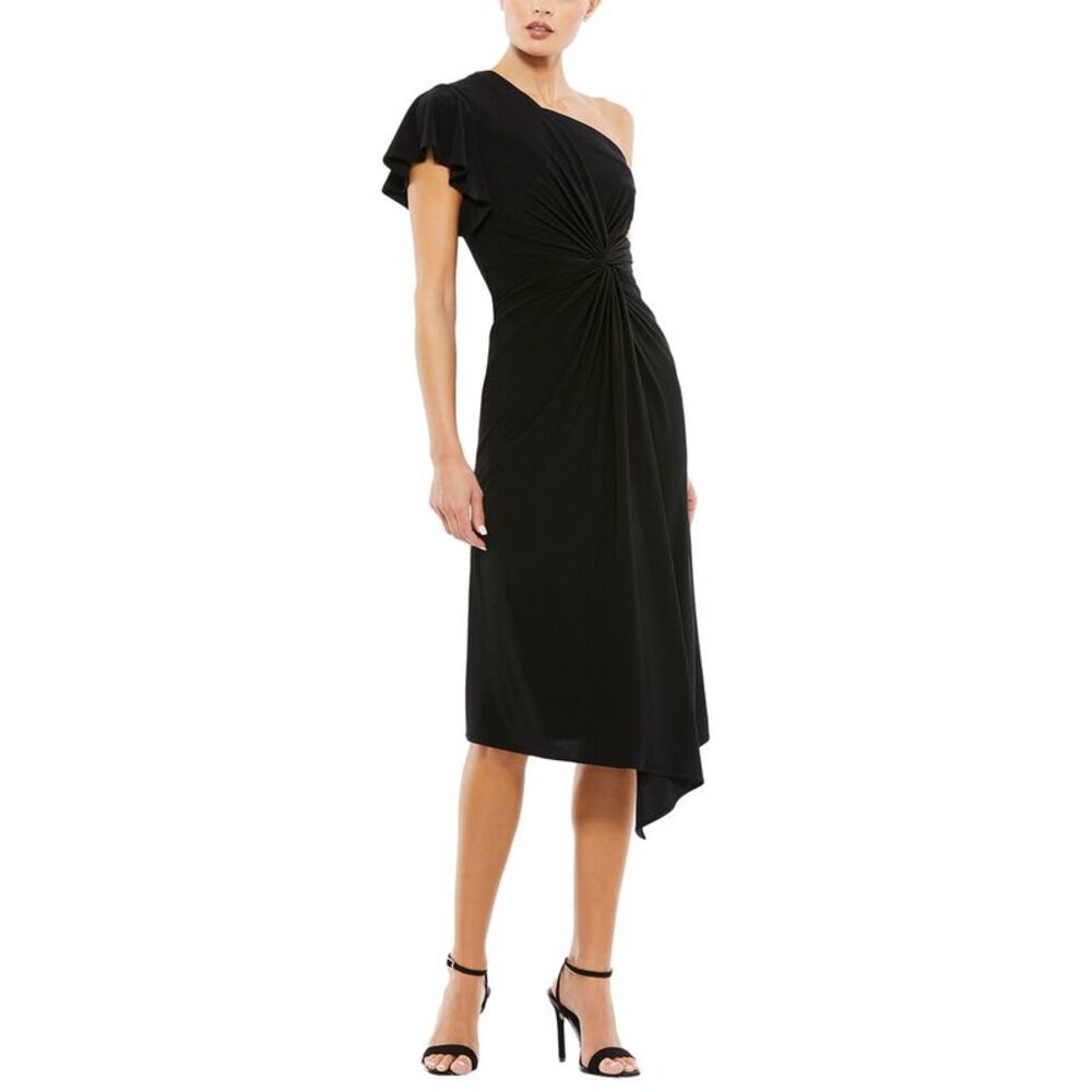 Mac Duggal Black One-Shoulder Twist-Front Midi Dress